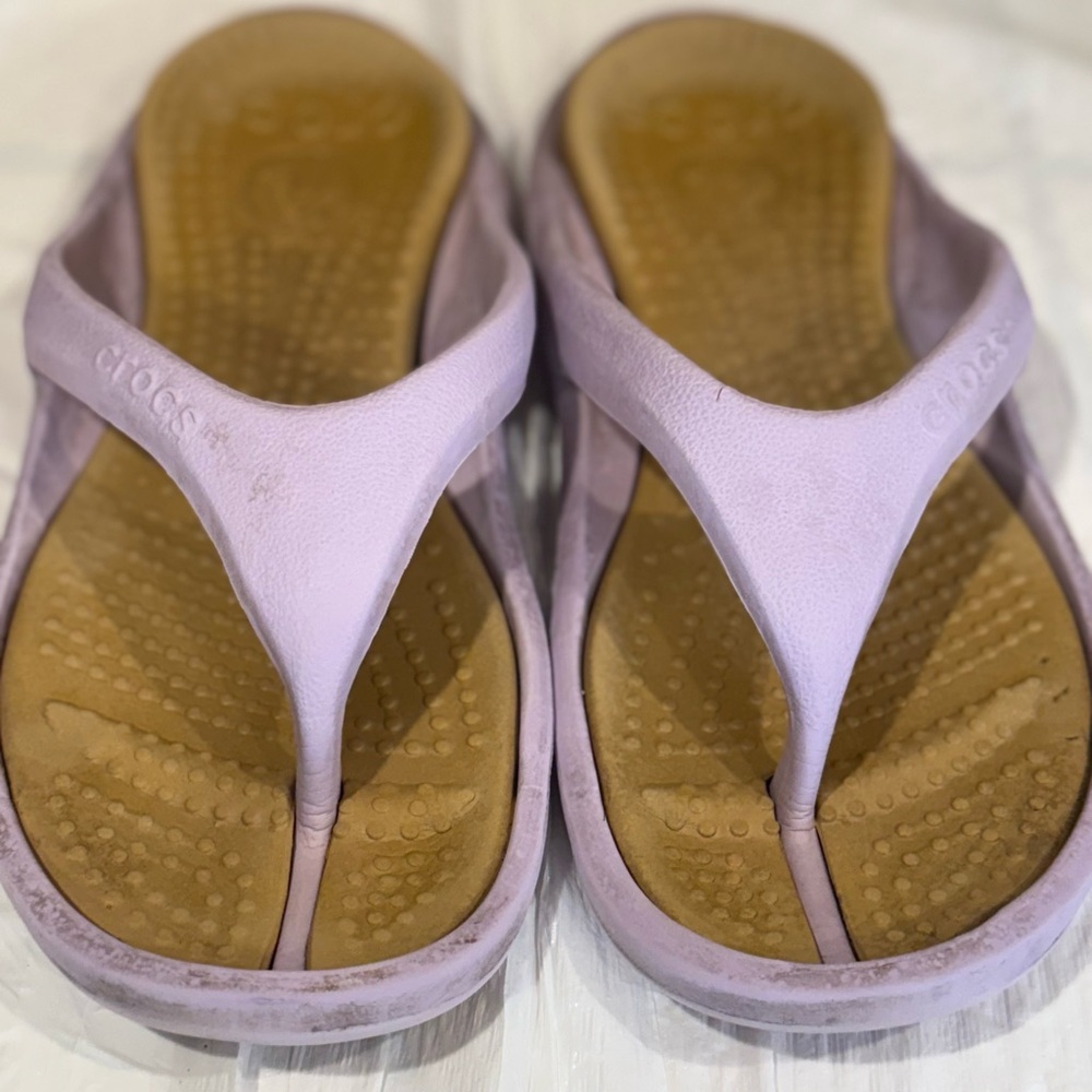CROCS Purple and Tan Slip ons with Ergonomic Footbed